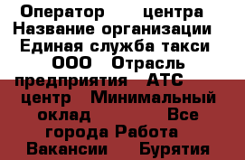 Оператор Call-центра › Название организации ­ Единая служба такси, ООО › Отрасль предприятия ­ АТС, call-центр › Минимальный оклад ­ 20 000 - Все города Работа » Вакансии   . Бурятия респ.